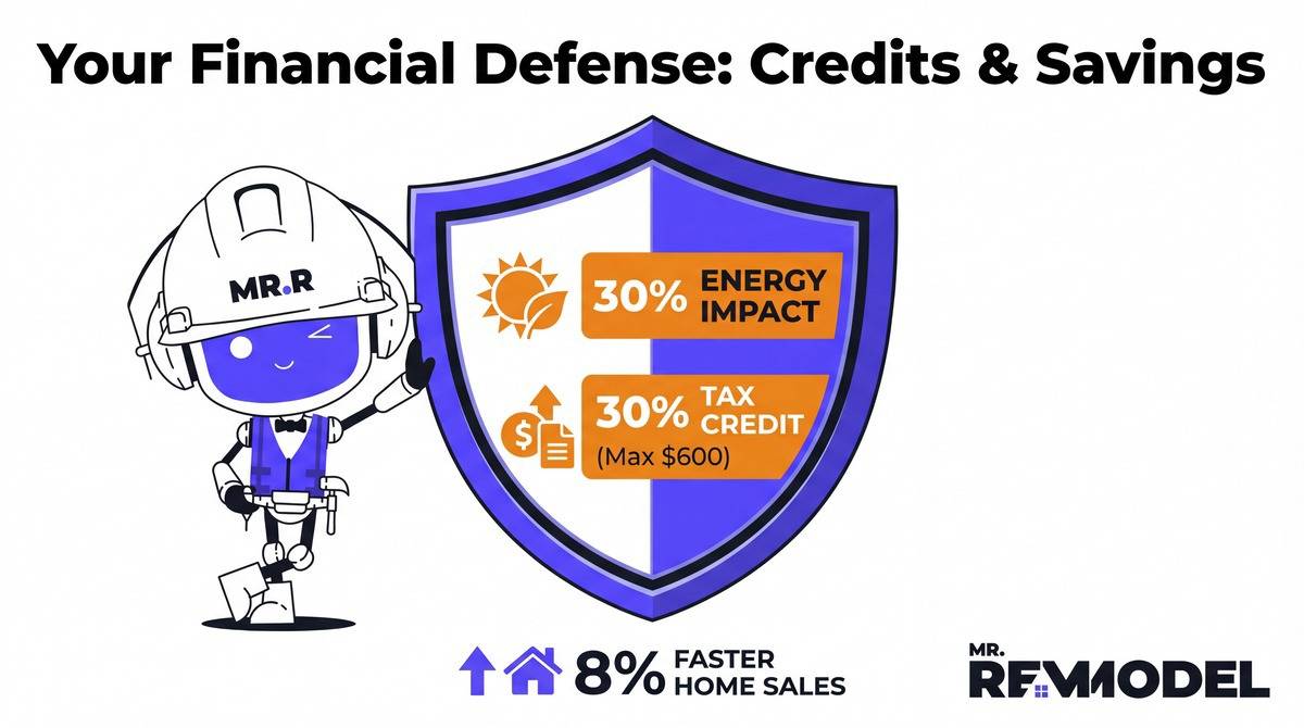 A financial infographic for window replacement showing the impact of the 25C tax credit, energy savings, and increased resale speed for modernized homes.